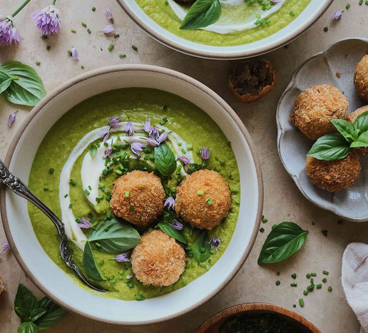 Duck Confit Croquettes in Green Goddess Soup