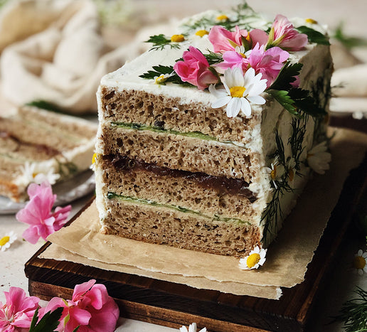 Sandwich Cake with Truffle Pâté, adorned with edible flowers