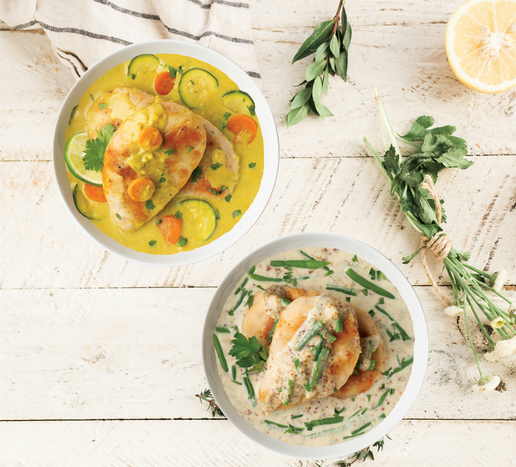 THREE LITTLE PIGS EXPANDS POPULAR SOUS-VIDE GOURMET MEAL LINE WITH NEW DIJON MUSTARD AND COCONUT CURRY CHICKEN DISHES.