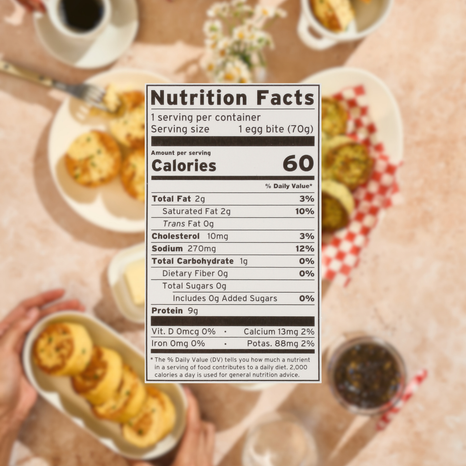 Nutrition facts label for a food product with a blurred background of Egg Bites