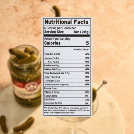Nutritional facts label on a jar of pickles with a wooden background