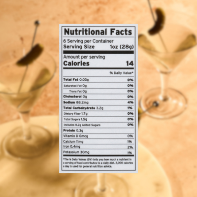 Nutritional facts label on a blurred background of cocktails