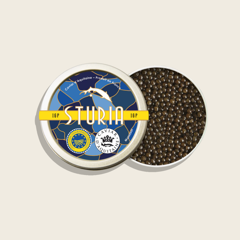 Sturia caviar tin with open lid showing caviar on a beige background