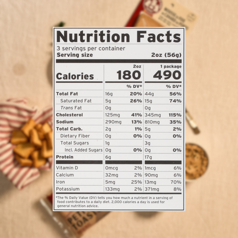 Nutrition facts label on a wooden background with Petits Toasts and Pate