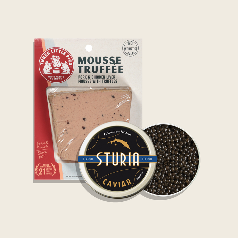 Mousse Truffée packaging with Caviar on a beige background