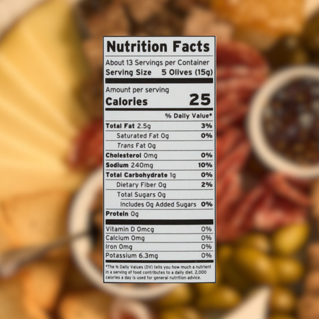 Nutrition facts label for olives with a blurred background of olives and other ingredients.