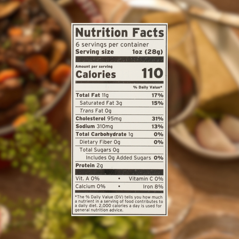 Nutrition facts label on a blurred background of food