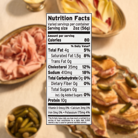 Nutrition facts label for a food product with a blurred background of food items.