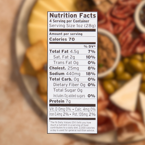 Nutrition facts label on a blurred background of food items