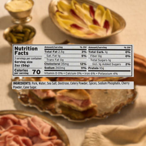 Nutrition facts label with blurred food items in the background